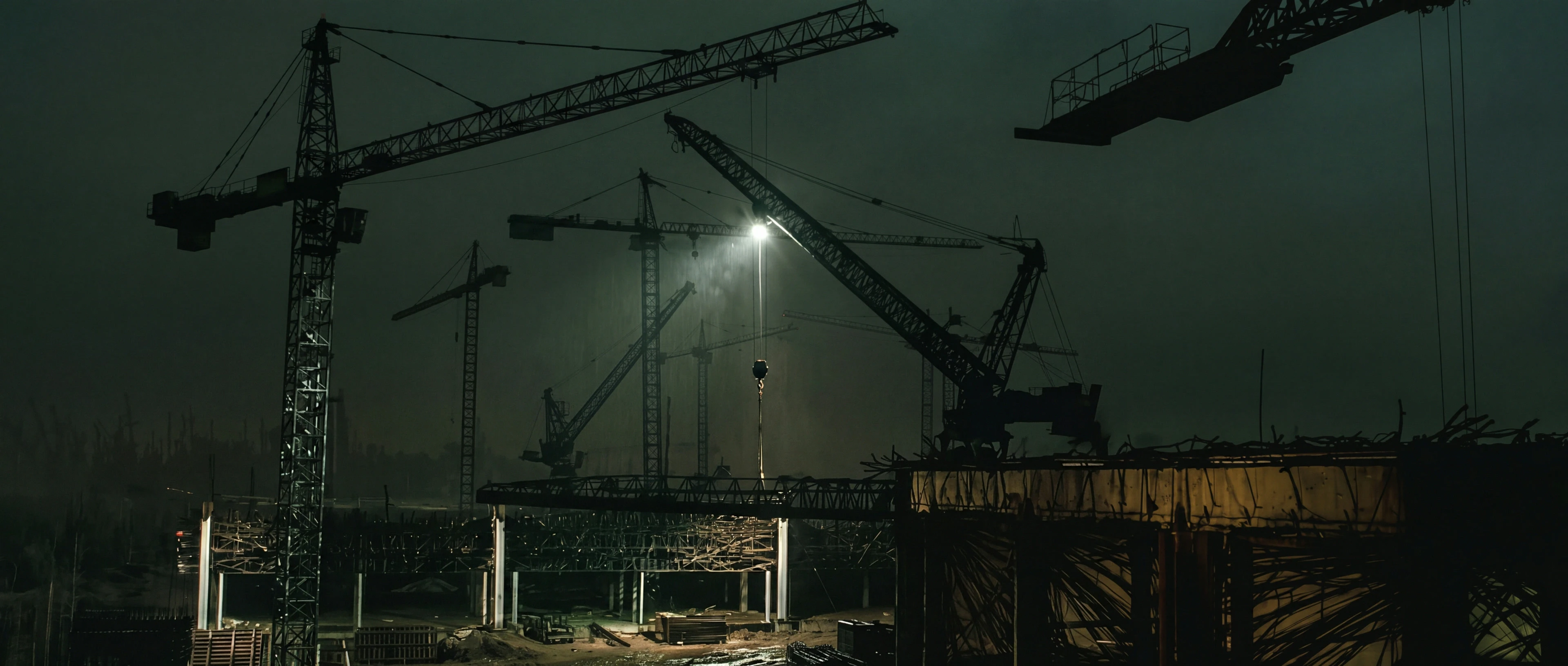 Tower cranes over a construction site at dusk, one work light burning above the deck
