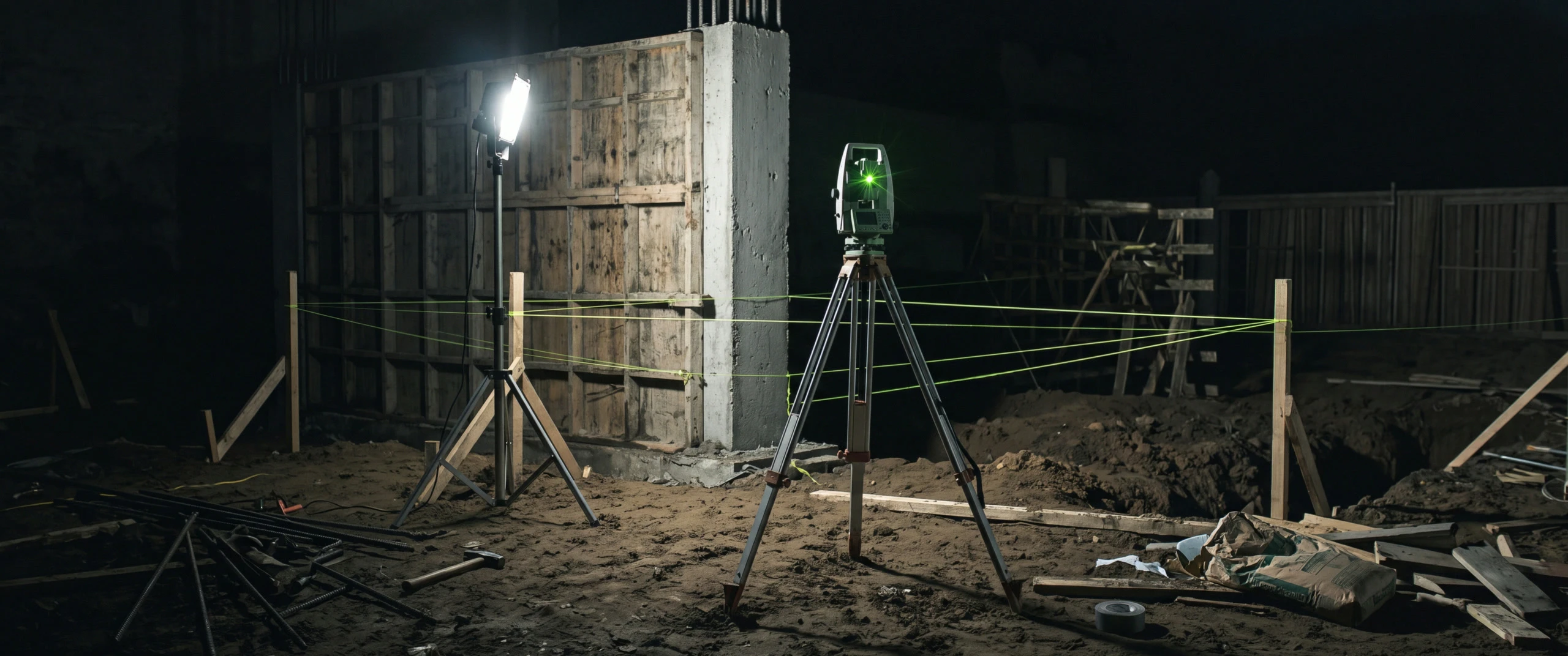 A surveyor's instrument on a tripod among string lines and timber formwork at night